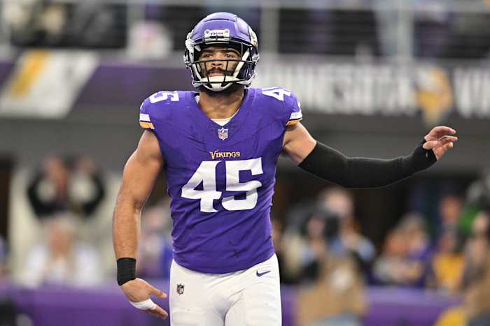Nov 12, 2023; Minneapolis, Minnesota, USA; Minnesota Vikings linebacker Troy Dye (45) reacts late during the fourth quarter against the New Orleans Saints at U.S. Bank Stadium.